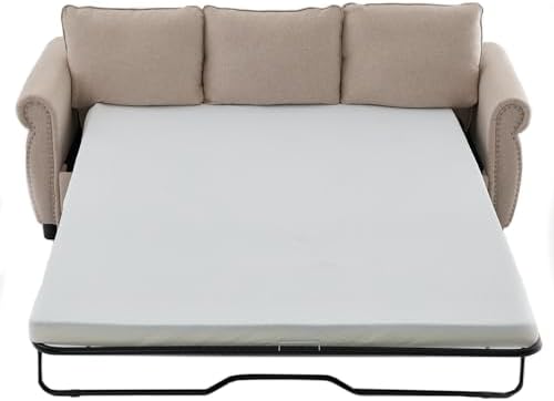 Pull Out Sofa Bed Queen Size, 3 in 1 Convertible Loveseat Sleeper Couch Bed with Thick Memory Foam Mattress Included, 3 Seater Upholstered Furniture for Living Room Apartment(81.5" W, Beige Linen) - Thumbnail 2