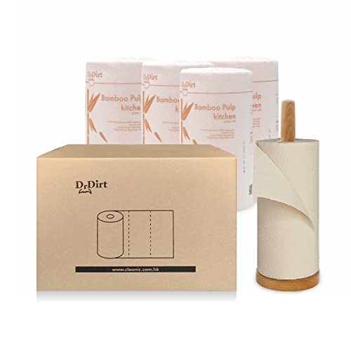 DrDirt Bamboo Paper Towels 5-Pack with Beech Wood Holder - 173 Sheets/Roll, Plastic-Free, Sustainable, Strong & Absorbent Kitchen Brown Paper Towels