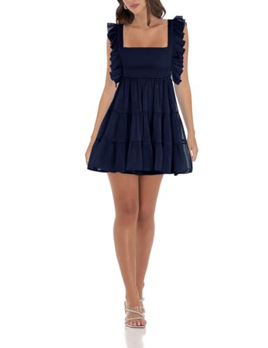 Image of Women's Summer Square Neck Tie Back Ruffle Sleeve Tiered Casual A-Line Short Mini Dress