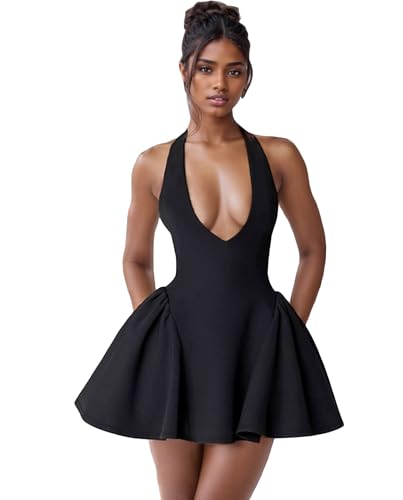 Voghtic Women's Sexy Deep V Neck Halter Backless Mini Dresses Party Clubwear Pleated A Line Short Dress