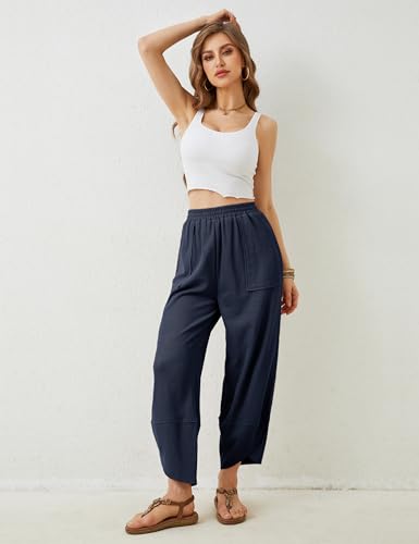 Image of Himosyber Women Cotton Pants Wide Leg Pants Casual Loose Baggy Elastic Waist Beach Palazzo Harem Pants