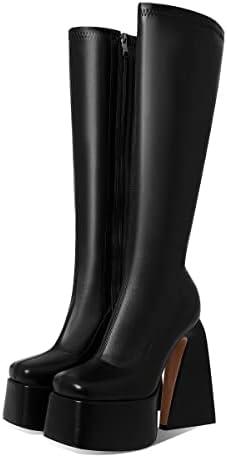 Uacllcau Knee High Boots for Women Platform Boots Square Toe Chunky High Heel Boots Side Zip Punk Long Boots