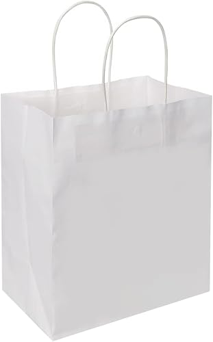Miniatura 6 de Oikss Paquete de 50 bolsas de papel kraft blancas medianas de 8 x 4.75 x 10 pulgadas con asas a granel para cumpleaños, bodas, fiestas, compras,