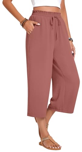 Image of Anyhold Women's Capri Pants Drawstring Casual Palazzo Trousers with Pockets Loose High Waisted Wide Leg Lounge Pants