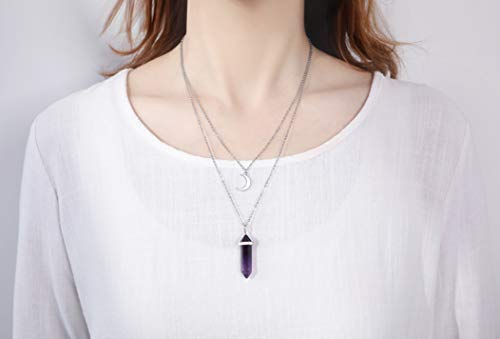 Xiannvxi Amethyst Healing Crystal Stone Point Pendant Necklaces Crescent Moon Necklace Spiritual Reiki Witch Gemstone Layered Dainty Jewelry For Women Girls #TOP1