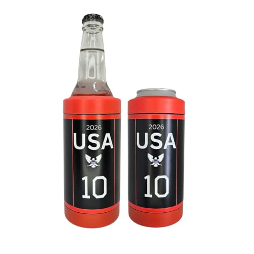 USA Soccer Fan 16oz 4-in-1 Double Wall Stainless Steel Can Cooler | USA Flag Colors Red White & Blue...