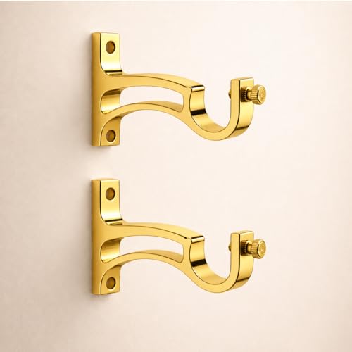 Image of Elite Aluminum Curtain Rod Brackets - Heavy-Duty Wall Mount Clamps for Curtain Rod Support for Door and Window Curtain Rods with Screw and Wall Plug - Pack of 2PCS (Gold Arc)
