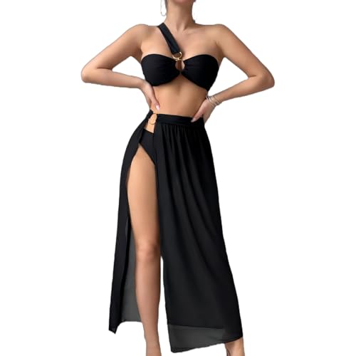 Women's 3 Piece Bathing Suits One Shoulder Bikini Set with Cover Up Skirts