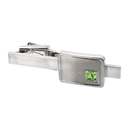 Image of Personalised Engraved Brushed Rhodium Plated Peridot Green Crystal Birthstone August Tie Clip with Initials