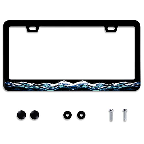 Ocean Wave Watercolor License Plate Frame Plate Traditional Waves Holder Stainless Steel Auto Parts Colorful License Plate Decoration with Screws Size 12.3
