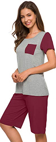 Wiwi Bamboo Pajamas Set For Women Short Sleeve Top With Shorts Pajama Sets Summer Plus Size Pjs Soft Loungewear S-4X, Wine, Small #TOP2