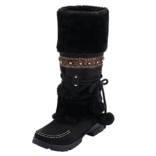 Women's Boots Waterproof Cold Weather Warm Anti-Slip Mid-Calf Fur Boots Fashion Suede Lace Up Booties Western Flat Shoes