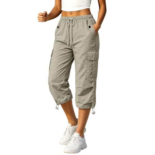 Pantalones capri cargo informales ligeros y elásticos con cordón para mujer moderna