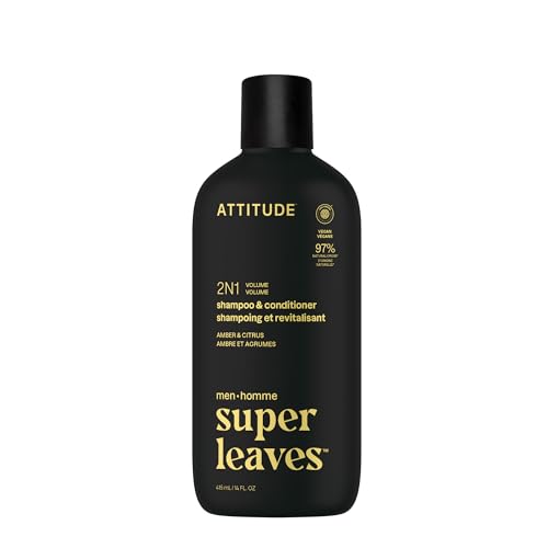 Image of ATTITUDE Men's Shampoo and Conditioner 2-in-1, Volumizing for Thin Hair, With Rosemary and Rice Protein, 97% Natural Origin Ingredients, EWG Verified, Amber & Citrus, 14 Fl Oz
