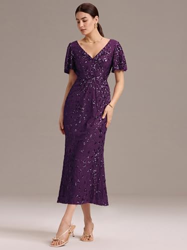 Ever-Pretty Women's Gorgeous V Neck Sequin Tulle Short Sleeves Bodycon Maxi Formal Evening Gowns 023703