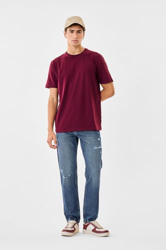Image of SNITCH Men Slim Fit Cotton Lycra T-Shirt | Minimalist Pullover Short Sleeve Crew Neck Styling | Breathable Stretchable Soft Texture Casual Everyday Wear Plain Tee