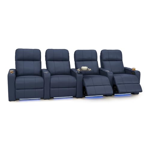 Image of Seatcraft Monterey Home Theater Seating Navy Blue Row of 4 | Italian Leather, Wall Hugger, Zero Gravity, Powered Headrest, Power Recline, Zero Gap, USB charging