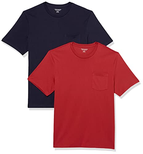 Amazon Essentials Camiseta de Manga Corta con Bolsillo, Cuello Redondo y Corte Recto Hombre, Pack de 2, Azul Marino/Rojo Oscuro, M