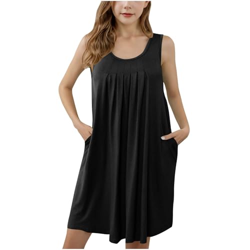 Girls Sleeveless Summer Pleated Tank Dress Cute A-Line Crewneck Princess Pocket Dresses for Kids 5-13 Years