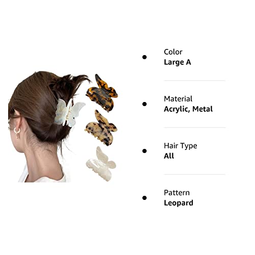3Pcs Acrylic Hair Claw Butterfly Tortoise Shell Hair Clip Celluloid French Design Leopard Print Hair Clips For Women (Large A) #TOP7
