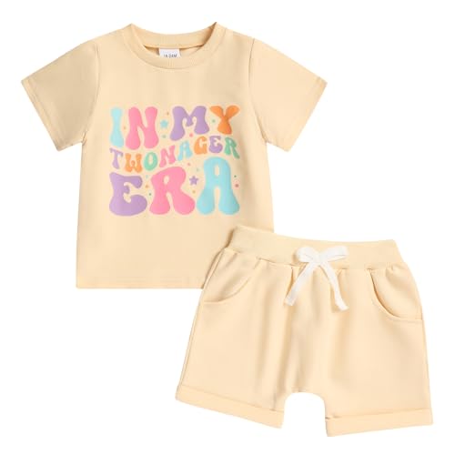Viworld Toddler Baby Girl 2nd Birthday Outfits Letter Short Sleeve Shirt And Shorts Two Years Old Gifts Summer Clothes(Apricot 2-3T)