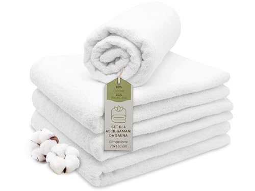 ZOLLNER 4 asciugamani da sauna e doccia, 70x180 cm, cotone misto, 330g/mq, bianco