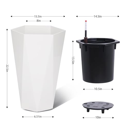 22.4" White Tall Planters Outdoor Set of 2, Large White Flower Pots Outdoor with Drainage Holes & Automatic Watering System, Modern Large Resin Planters for Outdoor Plants, Front Porch, Deck, Diamond by GarveeHome - Image 2