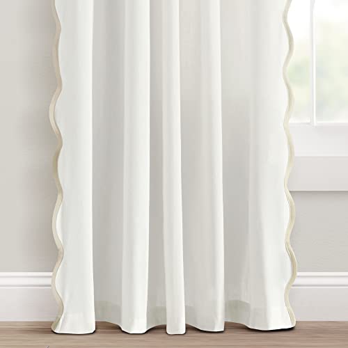 Image of Lush Decor Coastal Chic Scalloped Edge Light Filtering Window Curtain Panels Pair, 52 inch W x 84 inch L, Neutral & White - White Curtains for Living Room - Coastal Decor