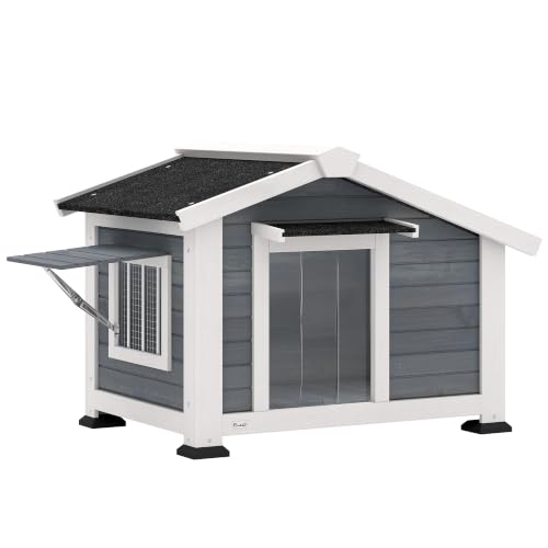 PawHut Hundehütte Wetterfest für Mittelgroße Hunde 98 x 76 x 69,5 cm Grau | Hundehaus aus Holz, Herausnehmbarer Boden, Asphaltdach, Öffnendes Fenster, Türvorhang, bis 20 kg, Indoor Outdoor
