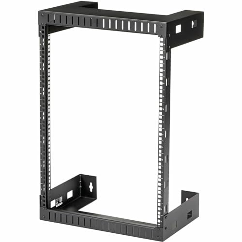 Image of StarTech 15U 2-Post Wall Mount Open Frame Rack, 19in, 200lb (RK15WALLO) | 11.9in /30.3cm fixed mounting depth, SPCC cold-rolled steel, M6 cage nuts and screws, Heavy-duty 90kg