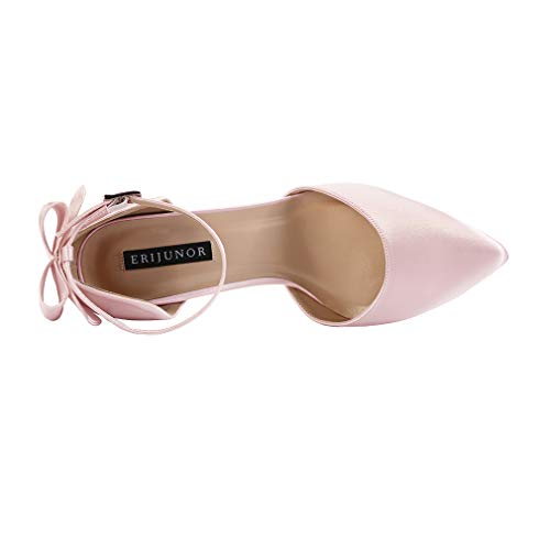 Image of ERIJUNOR Wedding Evening Party Shoes Comfortable Mid Heels Pumps with Bow Knot Ankle Strap Wide Width Satin Shoes