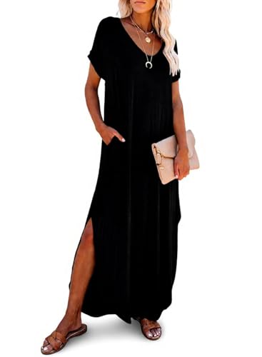 Image of Dokotoo Summer Dresses for Women 2026 Casual Maxi Dress V Neck Cap Sleeve Long Sundress with Pockets Beach Vacation