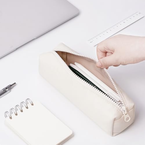 Image of Pencil Case, Simple Pencil Pouch Pure Color Pen Storage Box Office Stationary Storage Bag Pen Pouch Holder with Zipper - Creamy White