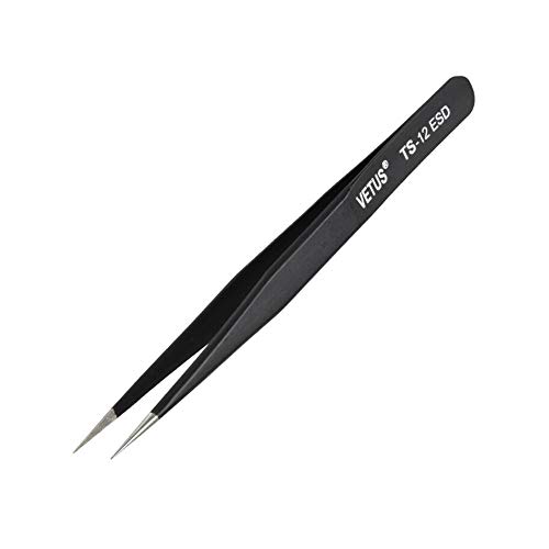 Vetus TS-12 ESD Negro Antiestático Pinzas de Acero Inoxidable Pinzas de Precisión para Teléfono Móvil Placa Base Herramientas de Reparación
