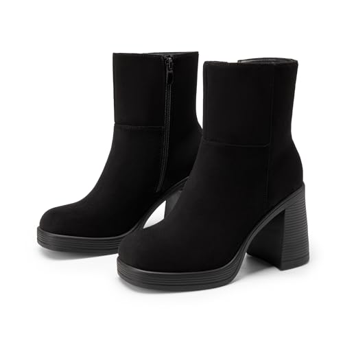 Athlefit Women's Platform Ankle Boots High Chunky Block Heel Black Suede Boots Fashion Square Toe Zipper Heeled Booties Size 8 — view 6