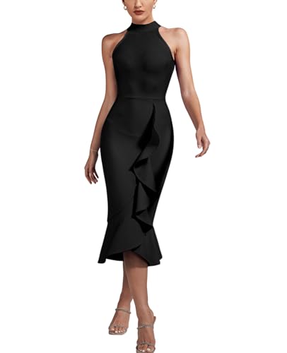 Maketina Women's Halter Mermaid Bandage Dresses Bodycon Ruffle Party Cocktail Wedding Guest Dress2