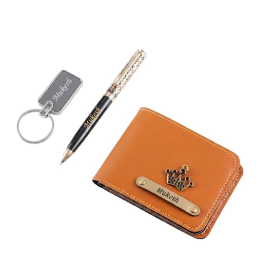Image of Personalized Name Wallet, Pen & Keychain Combo for Men (TAN) | Customised Mens Wallet Name Engraved with Charm | Customized Corporate Gift Set for Office | Personalised for Husband, Boys