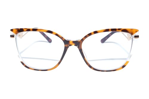 Image of Tortoise & Clear Acetate Cat-Eye Blue Light Blocking Glasses - Geometric Metal Temples with Art Deco Accents, Screen Protection for Work /Gaming, Fashion-Forward Eyewear Accessories (Unisex)