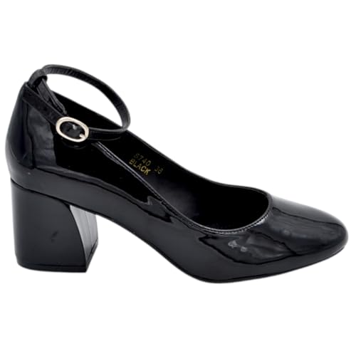  Scarpa Decollete Donna Nero Lucido Punta semiquadrata con Tacco Largo 6 cm Cinturino Regolabile alla Caviglia (40 EU)