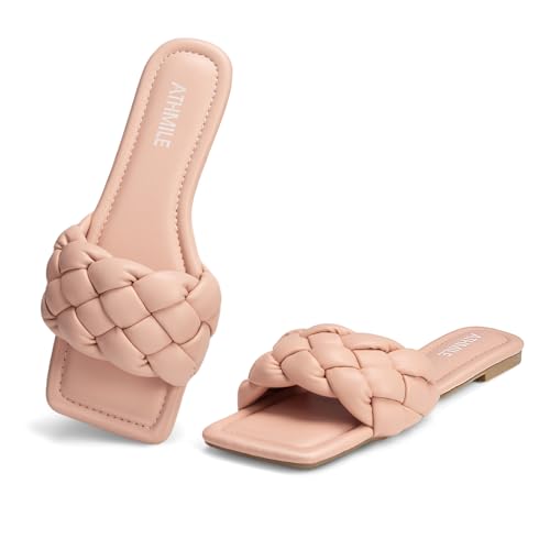 Image of ATHMILE Braided Womens Sandals 2026 Square Open Toe Fashion Slide Sandals | Women Summer Flat Sandals,Soft Leather,Slip on Shoes,Dressy,Causal,Beach,Vocation,Size 6-11