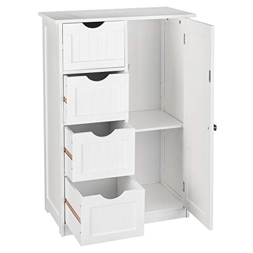 Bathroom-Storage-Cabinet-White-Freestanding-Floor-Storage-Cupboard-Adjustable-Shelf-with-4-Drawers-and-1-Door-for-Home-Office Bathroom Storage Cabinet White Freestanding Floor Storage Cupboard Adjustable Shelf with 4 Drawers and 1 Door for Home Office