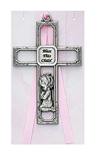 CatholicStore Bless This Child Praying Girl Cross, Pink Ribbon, Fine Pewter, 3-1/2