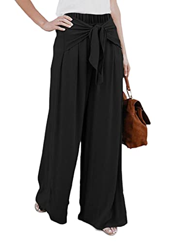 Asvivid Women s High Waist Wide Leg Loose Lounge Pants Solid Color Tie Knot Lightweight Jogger Pants Trousers for Juniors Summer Boho Loose Pants Black S