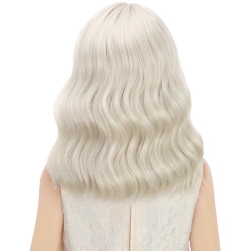 Image of kids White Blonde Wig Girls Short Light Blonde Wavy Curly Wigs Child Wig with Air Bangs Synthetic Cosplay Hair Wigs