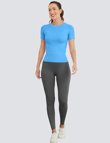 Image of MathCat Short Sleeve Workout Tops for Women, Seamless Women's Compression Shirt, Yoga Running Athletic Shirts Soft Gym Tops