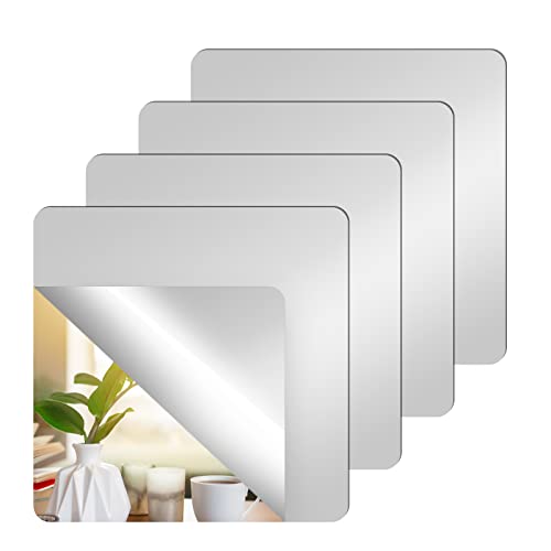 Ailvor Espejo adhesivo adhesivo 4 piezas espejo adhesivo con adhesivo acrílico espejo pared para sala de estar, dormitorio espejo de pared (20 x 20 cm) Cover