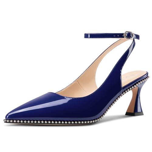Image of NobleOnly Womens Slingback Heels Beaded Pumps Ankle Strap Pointed Toe Kitten Heels Dress Shoes 2.6 Inches