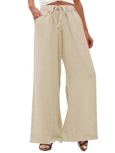 Fensajomon Womens Plus Size Cotton Linen Palazzo Pants Summer Wide Leg Drawstring Elastic High Waist Beach Casual XL-5XL