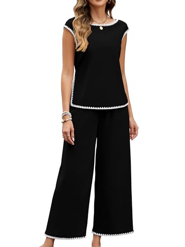 Gardenwed Women's Two Piece Outfit, Cap Sleeve Top and Wide Leg Pants Elegant Summer Set with Trim Design