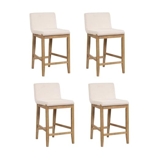 Nathan James Gracie Modern Counter Height Bar Stool with Back, Counter Stool Upholstered Chair with Natural Flax White Fabric and Brushed Wooden Legs, Natural Flax/Brown, Set of 4